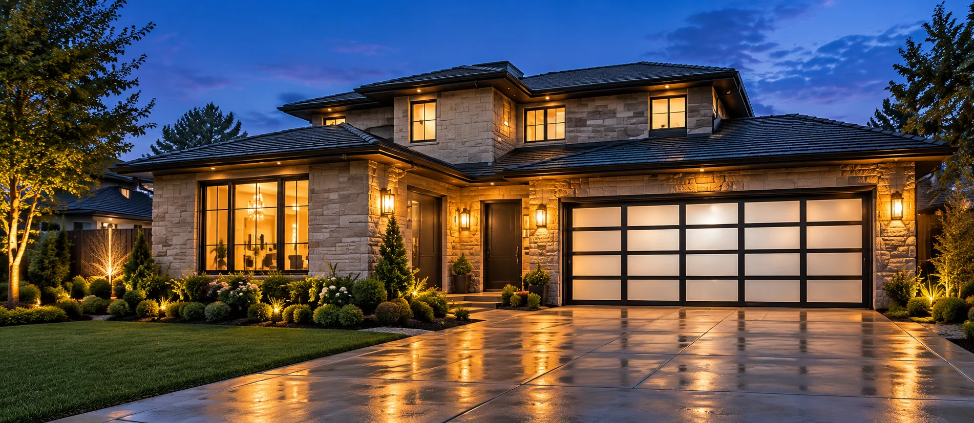Illustrative Houston-style home with a modern garage door